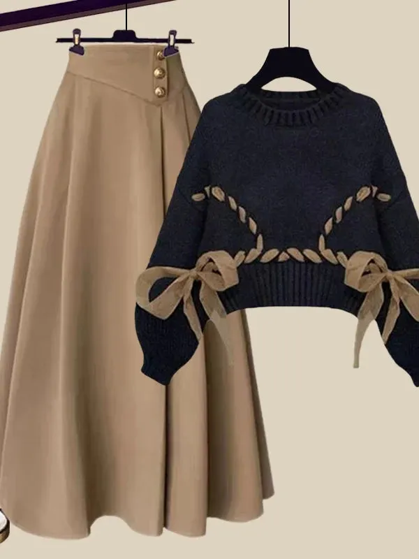 Wool French Knitted Sweater High Waist A-line Skirts Set