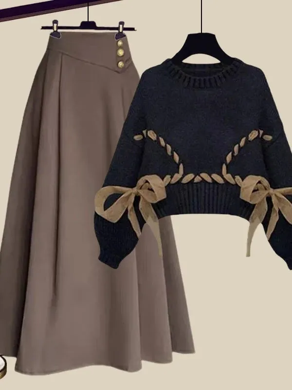 Wool French Knitted Sweater High Waist A-line Skirts Set
