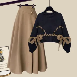 Wool French Knitted Sweater High Waist A-line Skirts Set