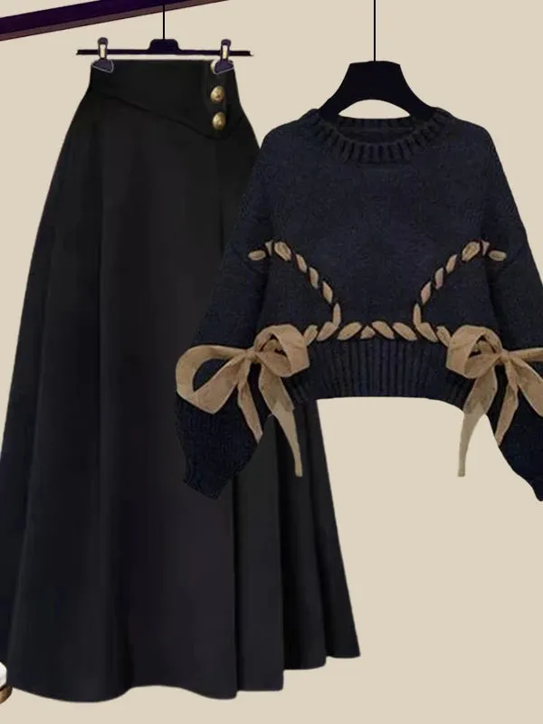 Wool French Knitted Sweater High Waist A-line Skirts Set