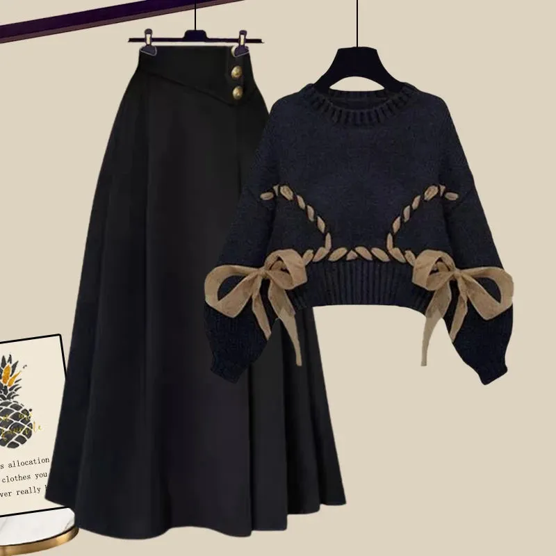Wool French Knitted Sweater High Waist A-line Skirts Set