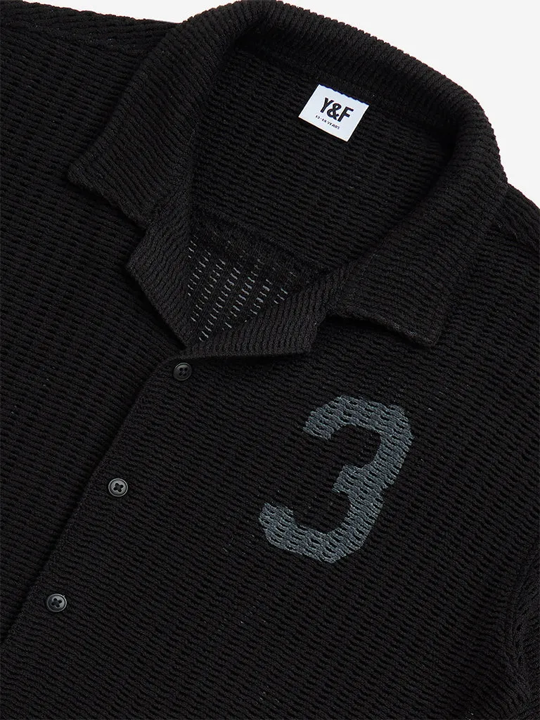 Y&F Kids Black Knitted Resort-Fit Cotton-Blend Shirt