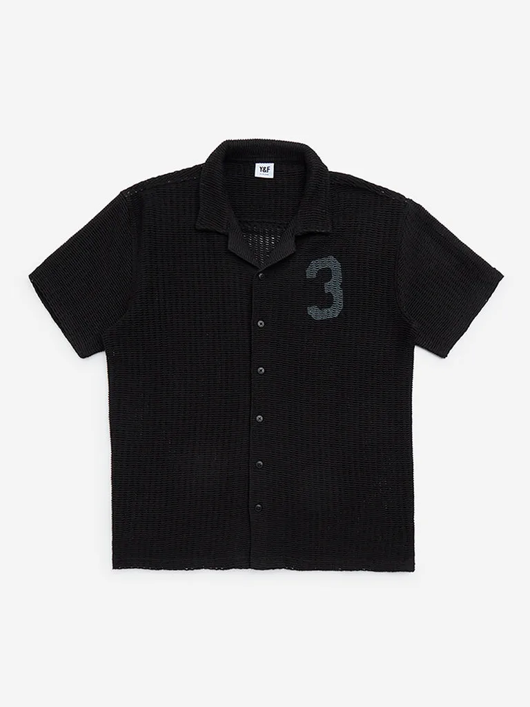 Y&F Kids Black Knitted Resort-Fit Cotton-Blend Shirt
